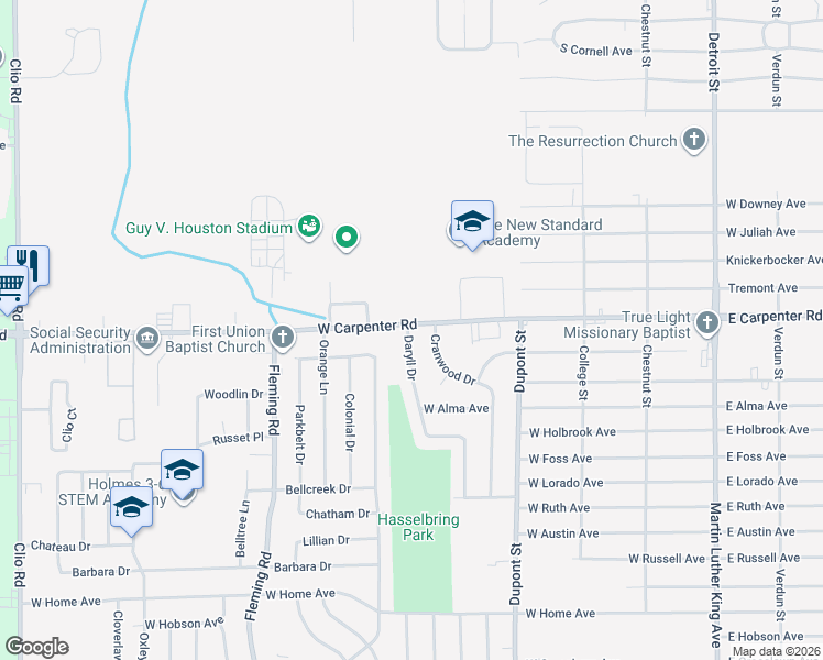 map of restaurants, bars, coffee shops, grocery stores, and more near 1035 West Carpenter Road in Flint