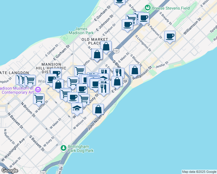 map of restaurants, bars, coffee shops, grocery stores, and more near 127 South Butler Street in Madison