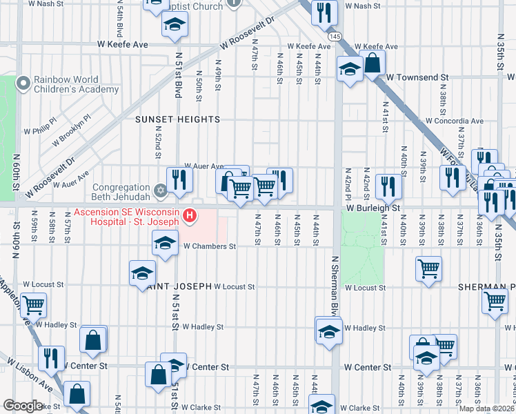 map of restaurants, bars, coffee shops, grocery stores, and more near W Burleigh St & N 47th St in Milwaukee