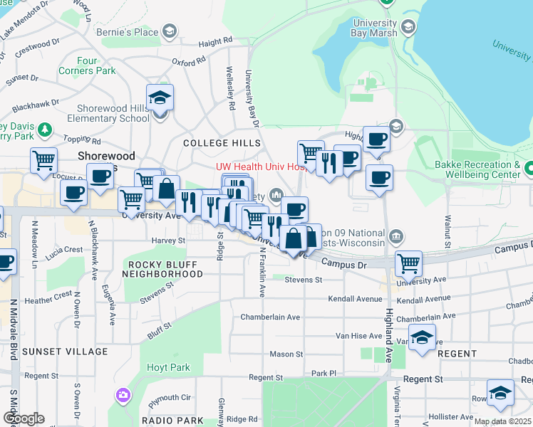 map of restaurants, bars, coffee shops, grocery stores, and more near 2716 Marshall Court in Madison