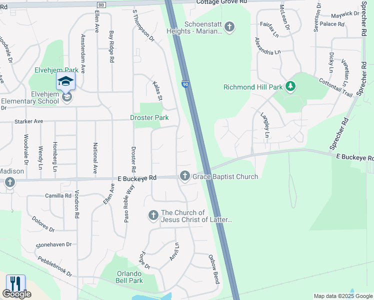 map of restaurants, bars, coffee shops, grocery stores, and more near 50 Eastridge Court in Madison