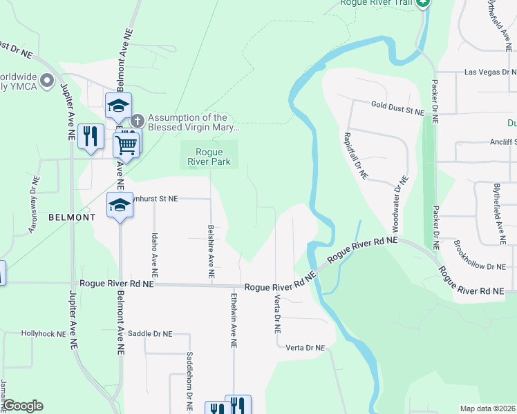 map of restaurants, bars, coffee shops, grocery stores, and more near Rogue River Road in Plainfield charter Township