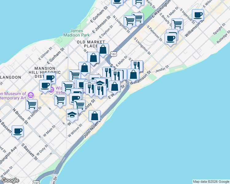 map of restaurants, bars, coffee shops, grocery stores, and more near 398 East Wilson Street in Madison