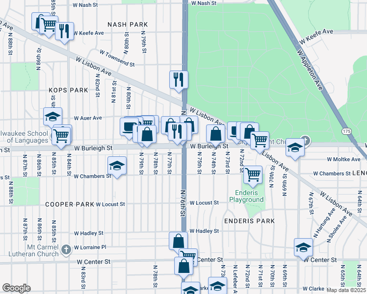 map of restaurants, bars, coffee shops, grocery stores, and more near N 76th St & W Burleigh St in Milwaukee
