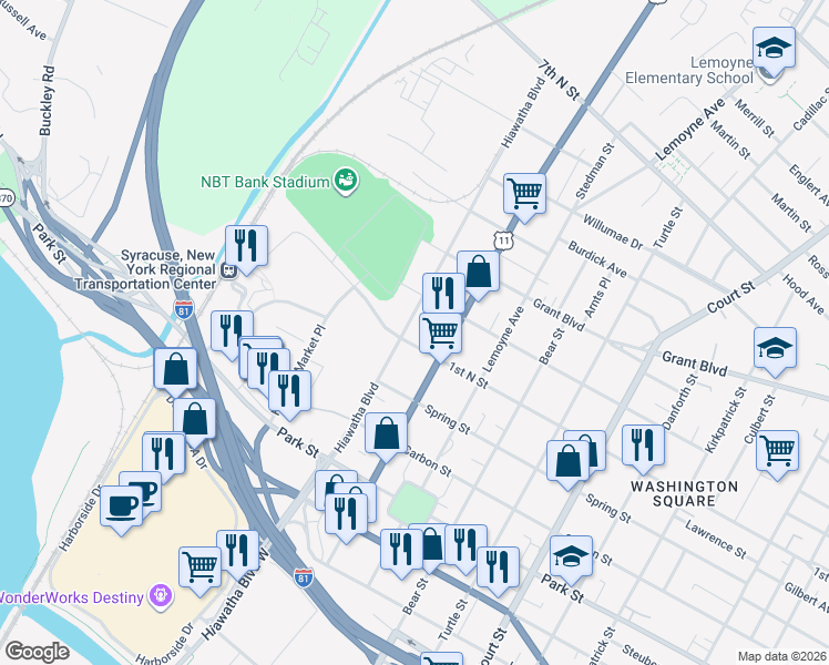map of restaurants, bars, coffee shops, grocery stores, and more near 516 Hiawatha Boulevard in Syracuse