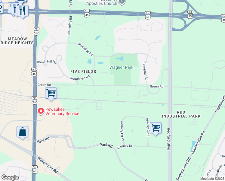 map of restaurants, bars, coffee shops, grocery stores, and more near N30W23480 Greenfield Court in Pewaukee
