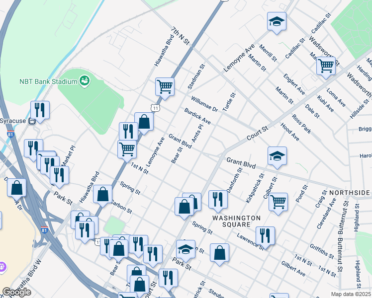 map of restaurants, bars, coffee shops, grocery stores, and more near 2831 Grant Blvd in Syracuse