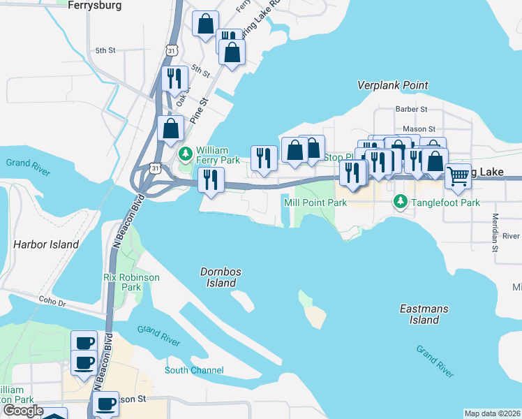 map of restaurants, bars, coffee shops, grocery stores, and more near 930 West Savidge Street in Spring Lake