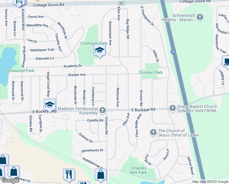 map of restaurants, bars, coffee shops, grocery stores, and more near 1610 National Avenue in Madison