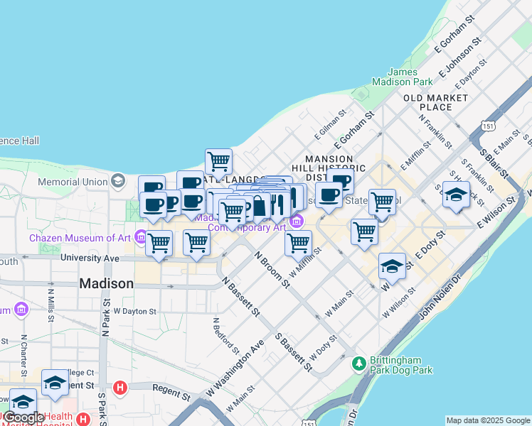 map of restaurants, bars, coffee shops, grocery stores, and more near 204 West Gorham Street in Madison