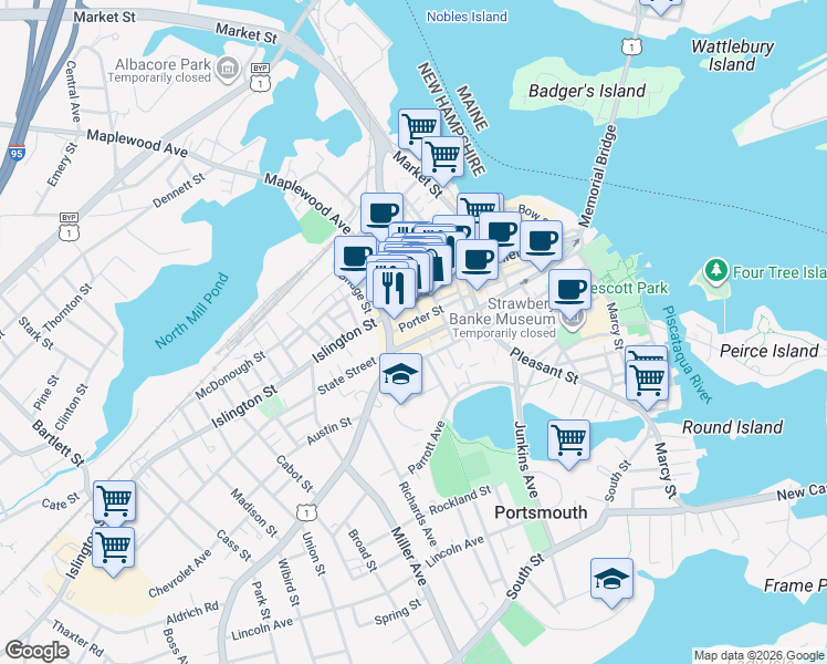 map of restaurants, bars, coffee shops, grocery stores, and more near 401 State Street in Portsmouth