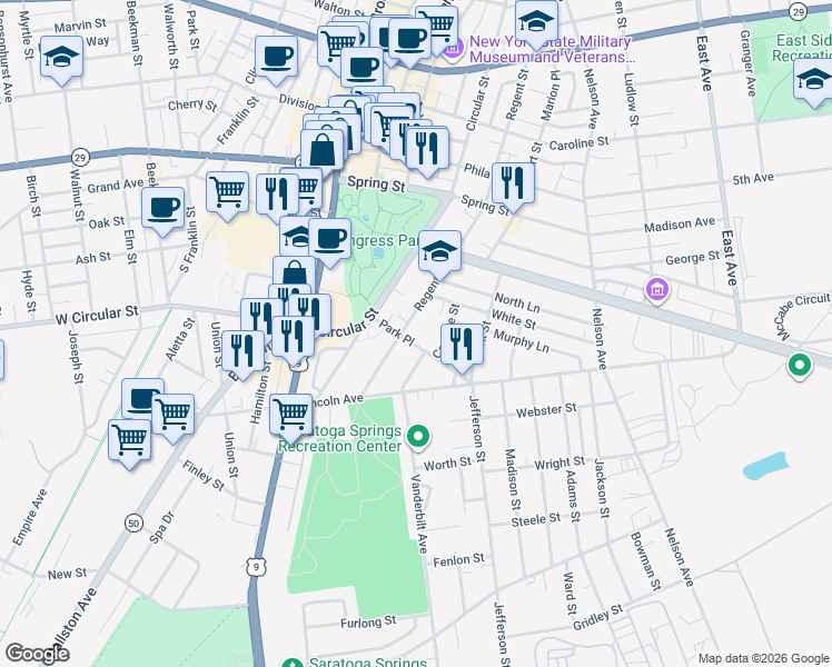 map of restaurants, bars, coffee shops, grocery stores, and more near 105 Regent Street in Saratoga Springs