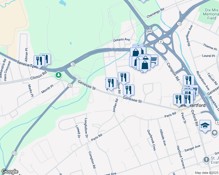 map of restaurants, bars, coffee shops, grocery stores, and more near 1-19 Golf Avenue in New Hartford