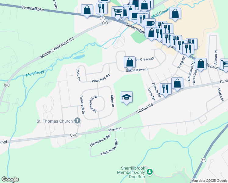 map of restaurants, bars, coffee shops, grocery stores, and more near 34 Arbor Drive in New Hartford