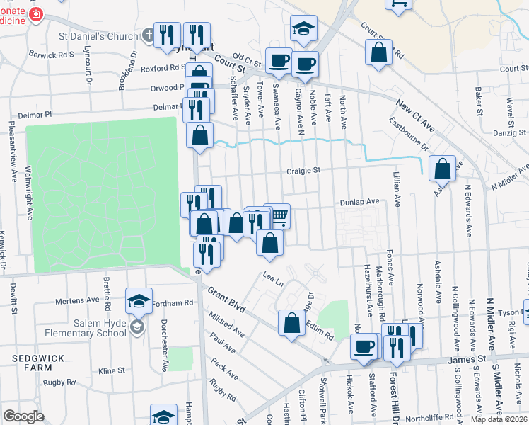 map of restaurants, bars, coffee shops, grocery stores, and more near 202 Tower Avenue in Syracuse