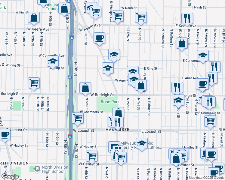 map of restaurants, bars, coffee shops, grocery stores, and more near 3131 North Doctor Martin Luther King Junior Drive in Milwaukee