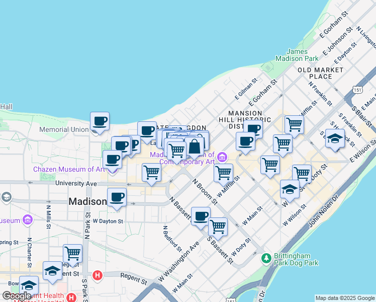 map of restaurants, bars, coffee shops, grocery stores, and more near 229 West Gilman Street in Madison