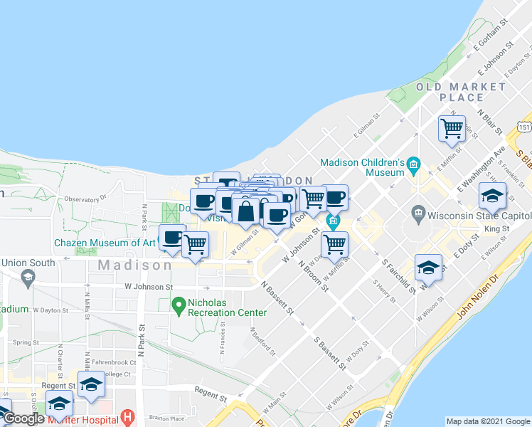 map of restaurants, bars, coffee shops, grocery stores, and more near 247 Langdon Street in Madison