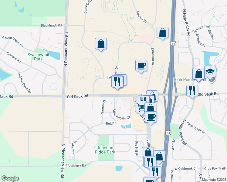 map of restaurants, bars, coffee shops, grocery stores, and more near 8502 Old Sauk Road in Middleton