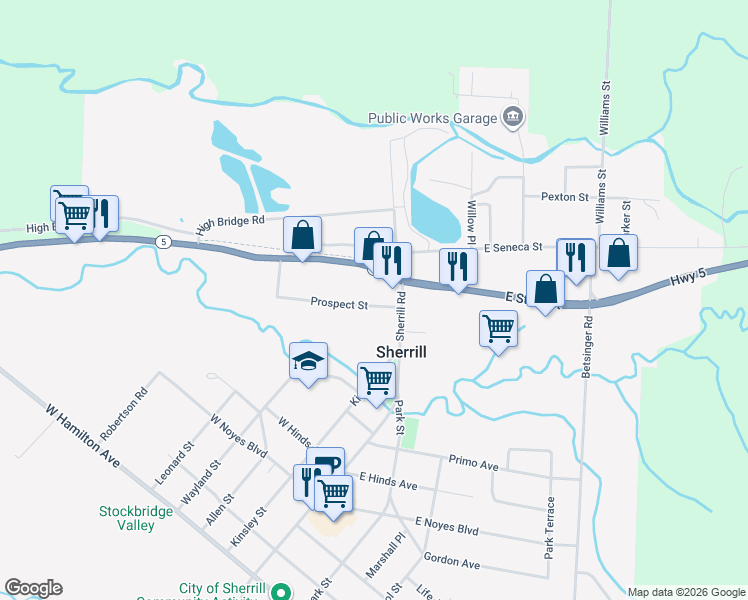 map of restaurants, bars, coffee shops, grocery stores, and more near 136 Prospect Street in Sherrill