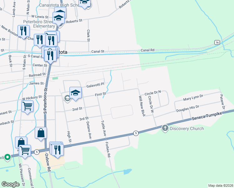 map of restaurants, bars, coffee shops, grocery stores, and more near 309 First Street in Canastota