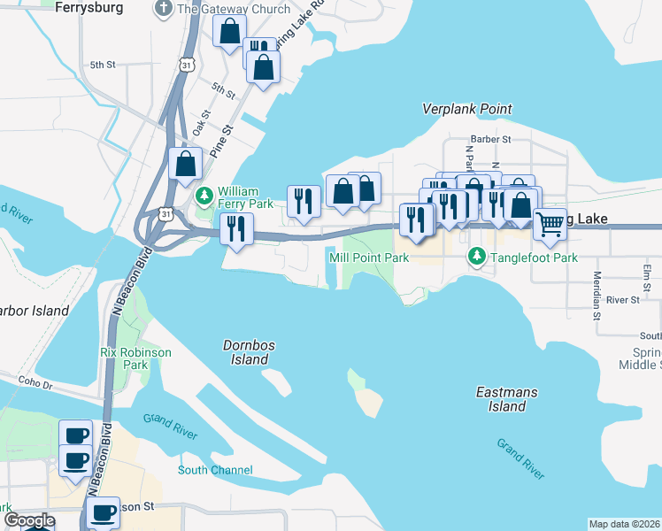 map of restaurants, bars, coffee shops, grocery stores, and more near 910 West Savidge Street in Spring Lake