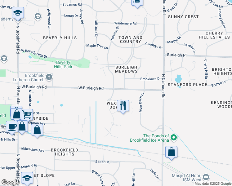 map of restaurants, bars, coffee shops, grocery stores, and more near 3080 Nassau Drive in Brookfield