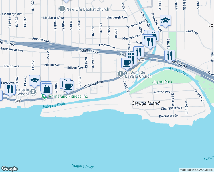 map of restaurants, bars, coffee shops, grocery stores, and more near 8421 Buffalo Avenue in Niagara Falls