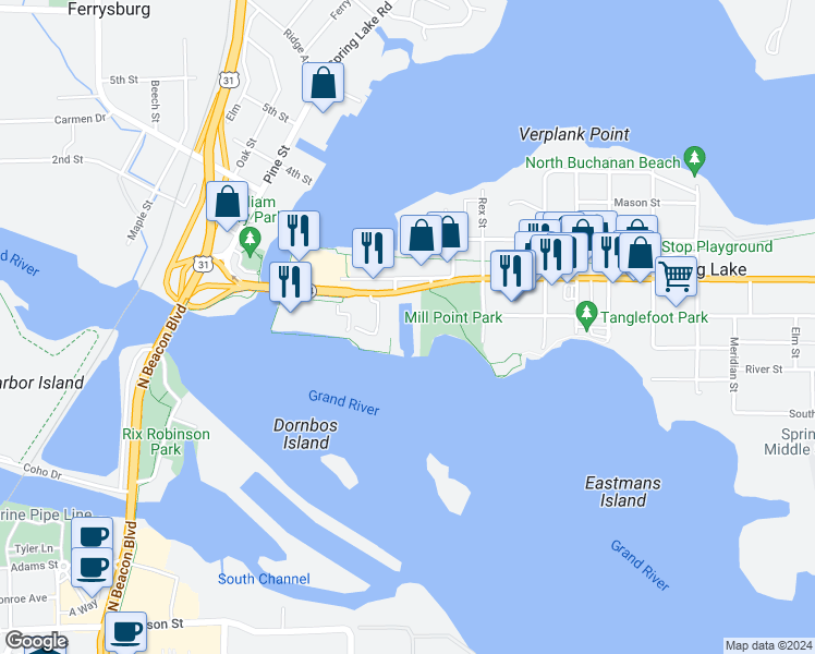 map of restaurants, bars, coffee shops, grocery stores, and more near 910 West Savidge Street in Spring Lake