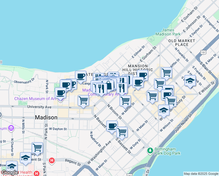 map of restaurants, bars, coffee shops, grocery stores, and more near 30 North Henry Street in Madison