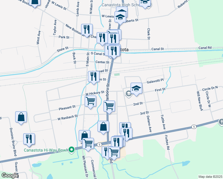 map of restaurants, bars, coffee shops, grocery stores, and more near 106 E Hickory St in Canastota