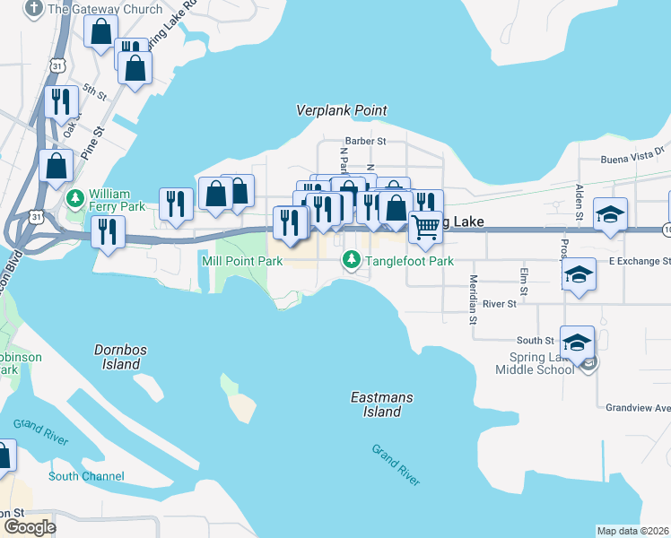 map of restaurants, bars, coffee shops, grocery stores, and more near 205 South Park Street in Spring Lake