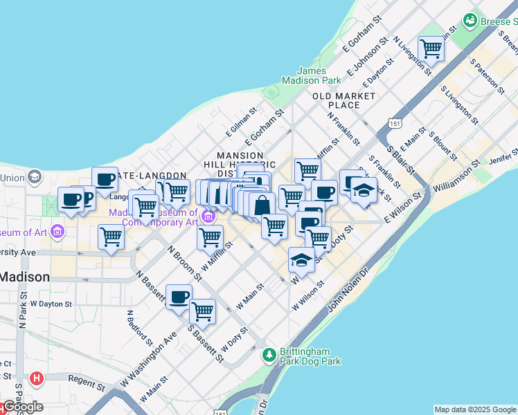 map of restaurants, bars, coffee shops, grocery stores, and more near 1 West Dayton Street in Madison