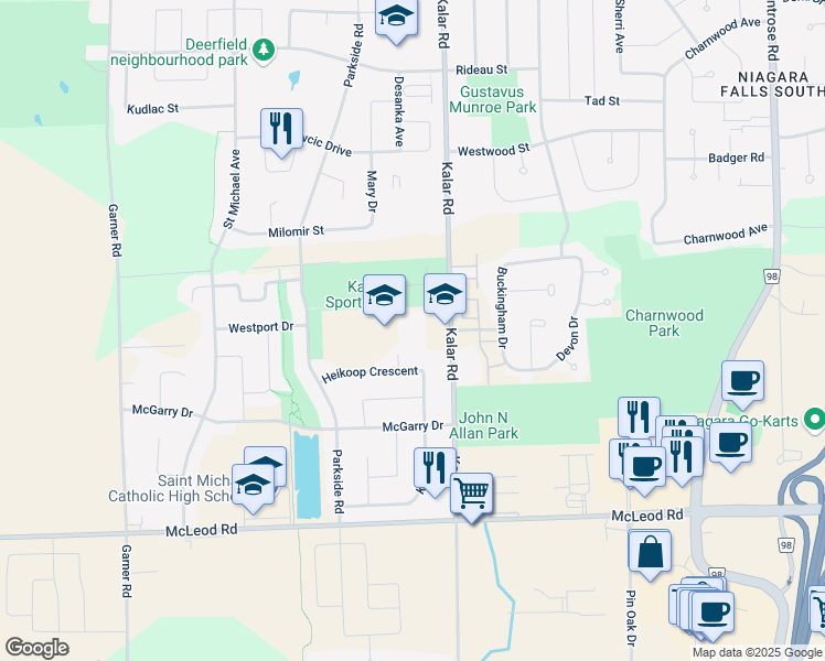 map of restaurants, bars, coffee shops, grocery stores, and more near 6855 Kalar Road in Niagara Falls
