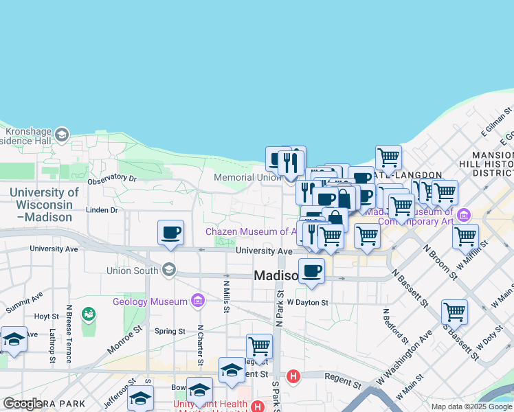 map of restaurants, bars, coffee shops, grocery stores, and more near 1000 Bascom Mall in Madison
