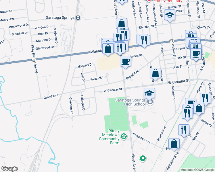 map of restaurants, bars, coffee shops, grocery stores, and more near 324 Grand Avenue in Saratoga Springs