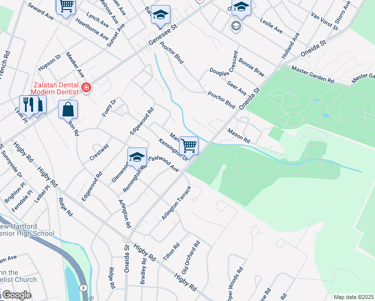 map of restaurants, bars, coffee shops, grocery stores, and more near 142 Marlboro Road in Utica