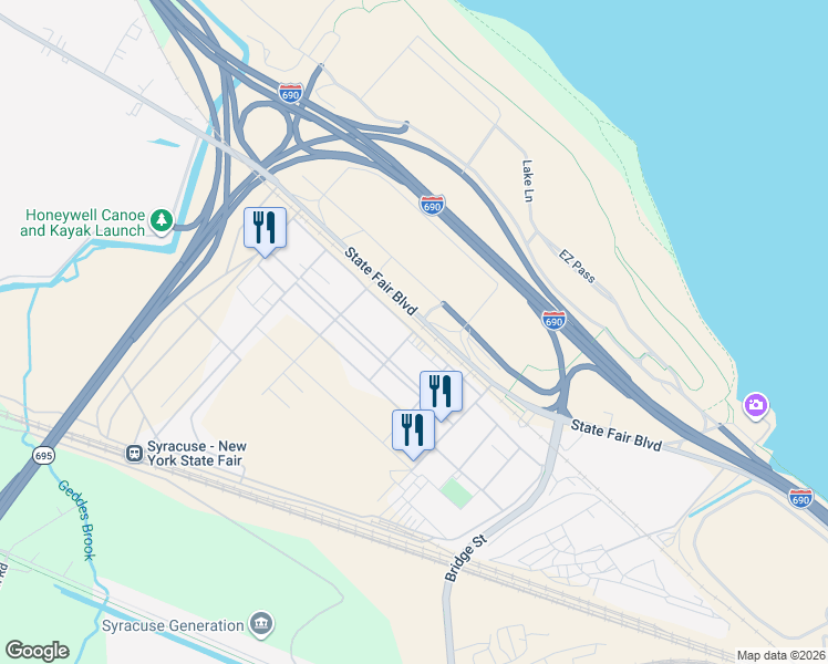 map of restaurants, bars, coffee shops, grocery stores, and more near Tonawanda St & Delaware Ave in Syracuse
