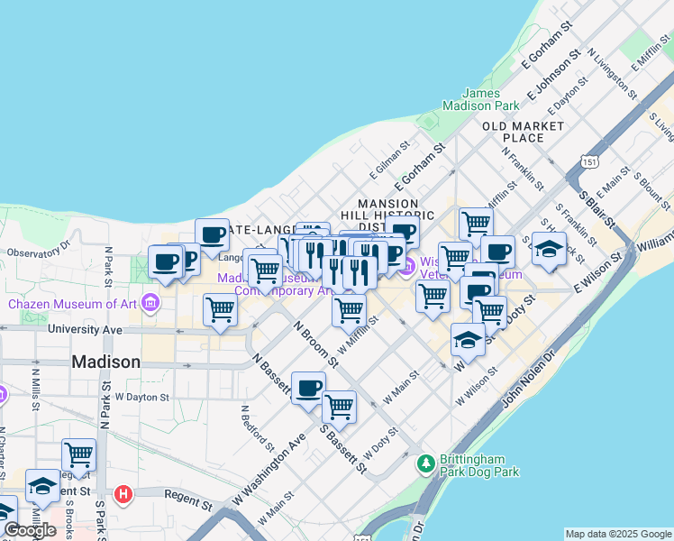 map of restaurants, bars, coffee shops, grocery stores, and more near 142 West Johnson Street in Madison