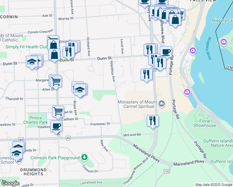 map of restaurants, bars, coffee shops, grocery stores, and more near 6928 Ailanthus Avenue in Niagara Falls