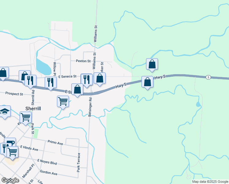 map of restaurants, bars, coffee shops, grocery stores, and more near 209 East State Street in Sherrill