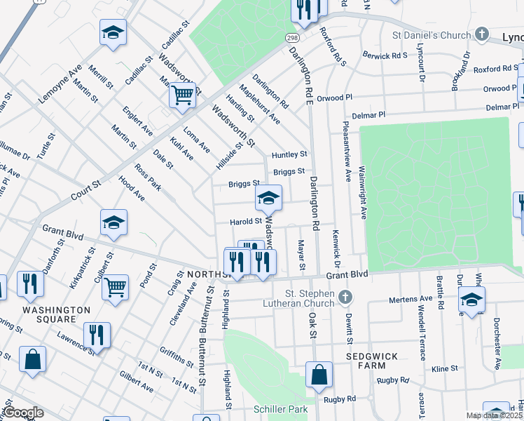 map of restaurants, bars, coffee shops, grocery stores, and more near 166 Berkshire Avenue in Syracuse