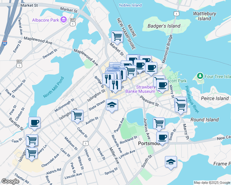 map of restaurants, bars, coffee shops, grocery stores, and more near 401 State Street in Portsmouth