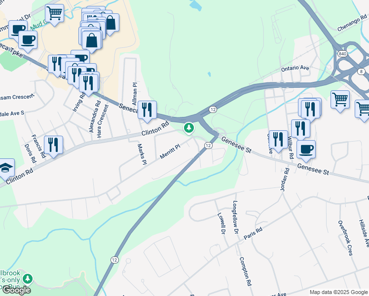 map of restaurants, bars, coffee shops, grocery stores, and more near 13 Merritt Place in New Hartford