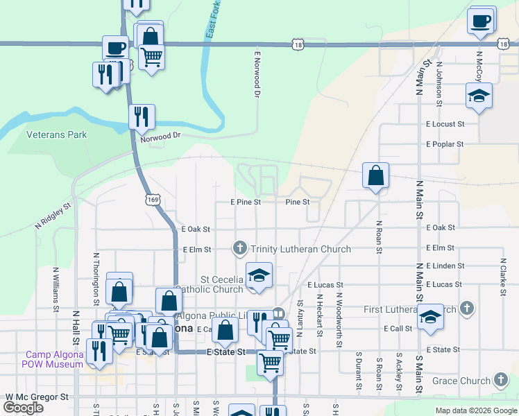 map of restaurants, bars, coffee shops, grocery stores, and more near 739 North Church Street in Algona