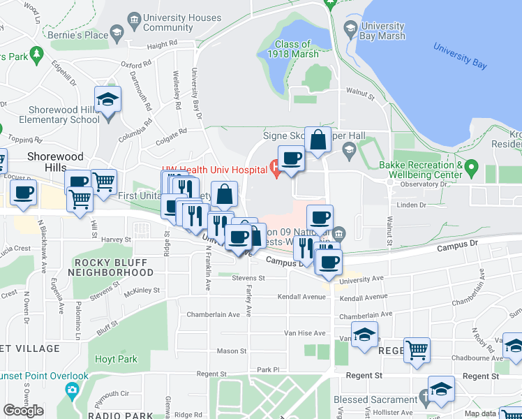 map of restaurants, bars, coffee shops, grocery stores, and more near 1685 Highland Avenue in Madison