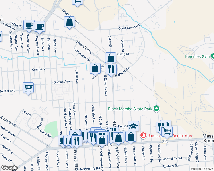 map of restaurants, bars, coffee shops, grocery stores, and more near 358 North Edwards Avenue in Syracuse