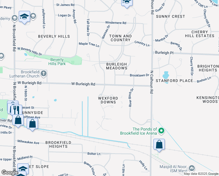 map of restaurants, bars, coffee shops, grocery stores, and more near 3080 Nassau Drive in Brookfield