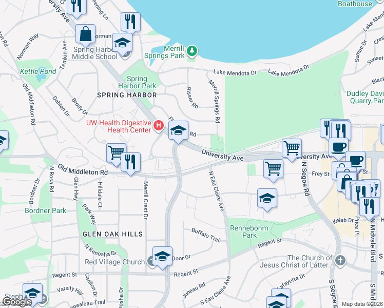 map of restaurants, bars, coffee shops, grocery stores, and more near 5003 University Avenue in Madison