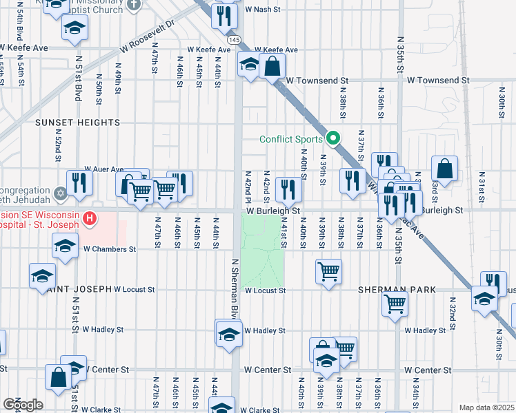 map of restaurants, bars, coffee shops, grocery stores, and more near 4212 West Burleigh Street in Milwaukee